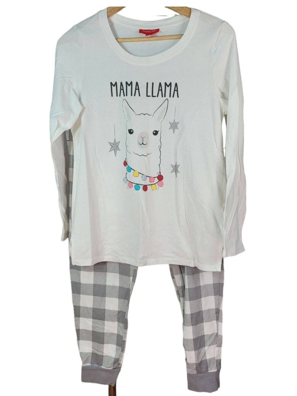 Family Pajamas Matching Womens Mama Llama 2 PCS Cream Gray Med Plaid Lounge Set